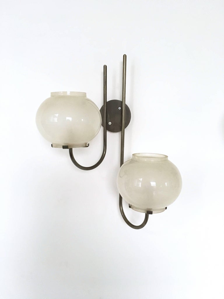 Frosted Set of Three Wall Lights mod, 1136/2 by Tito Agnoli for O-Luce, Italy, 1961