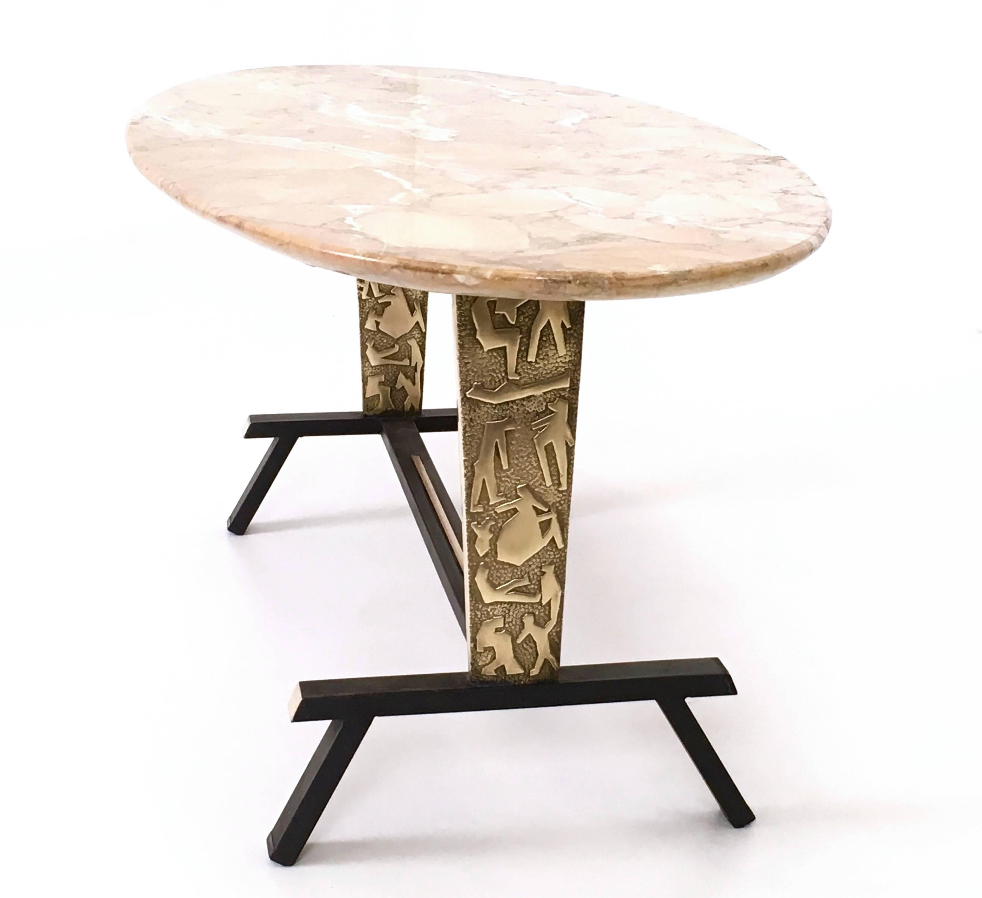Italian Coffee Table with Cast Brass Legs and an Oval Pink Marble Top, Italy, 1950s