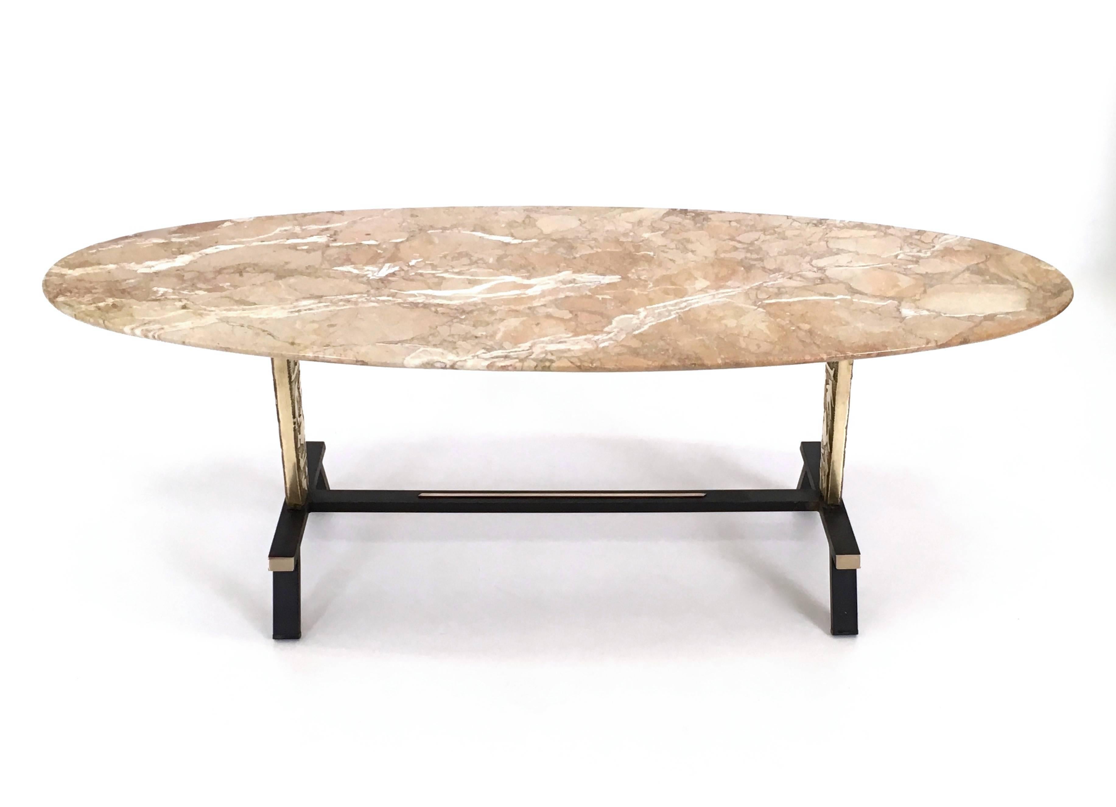Mid-20th Century Coffee Table with Cast Brass Legs and an Oval Pink Marble Top, Italy, 1950s