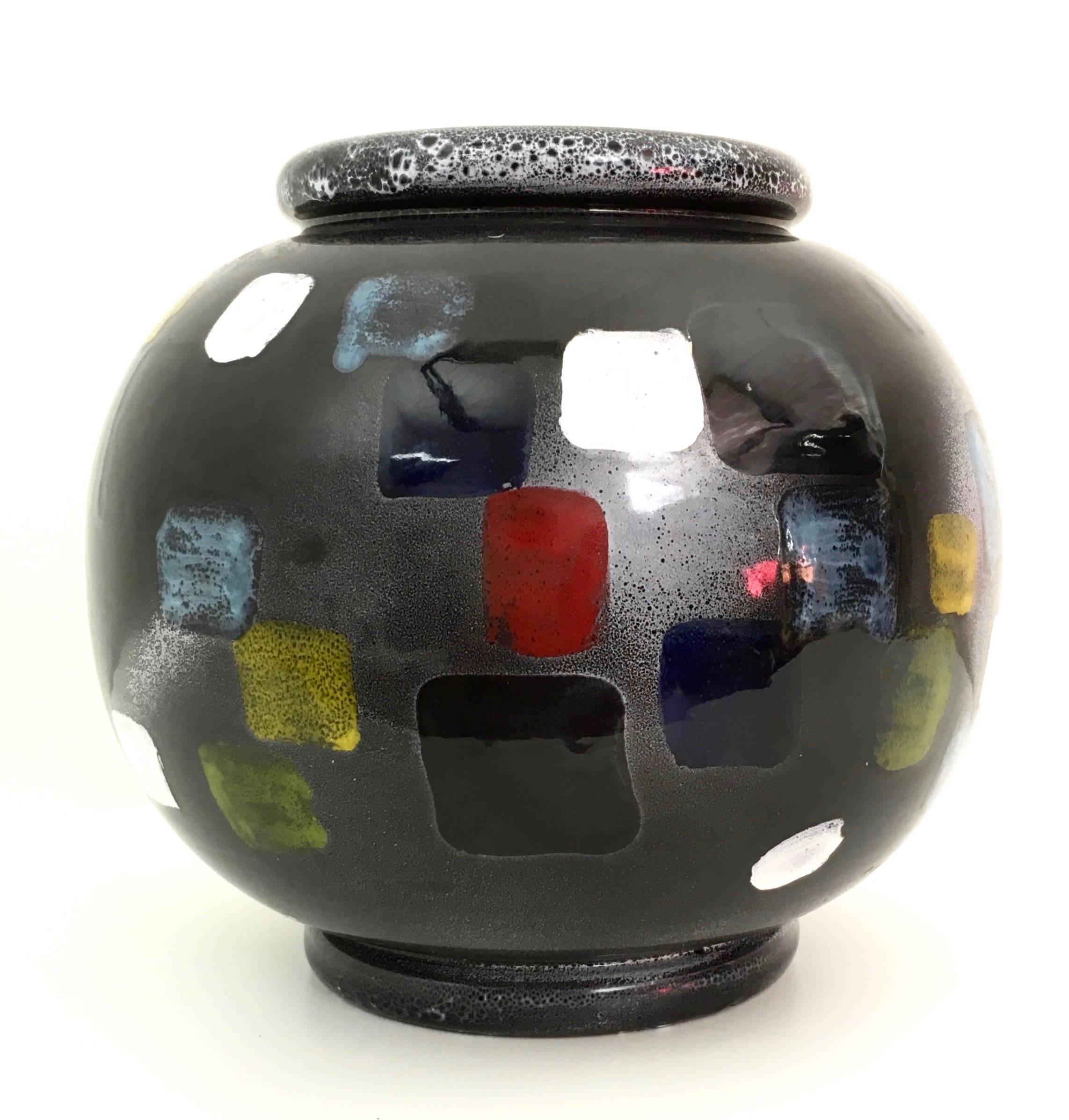 Post-Modern Vintage Black Deruta Ceramic Vase with Multicolored Details, Italy