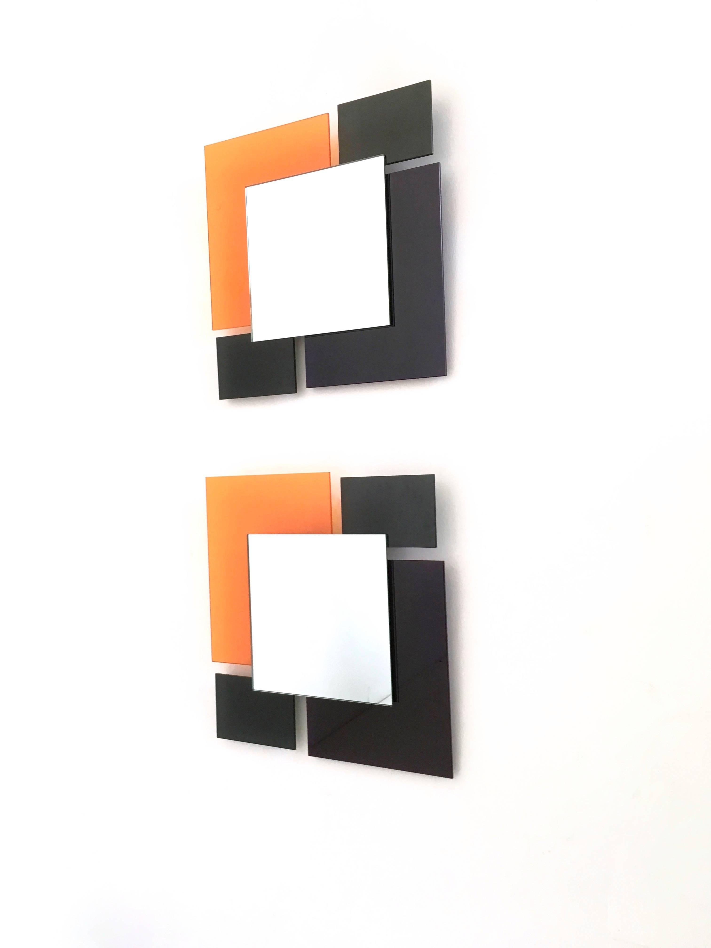 Italian Pair of Postmodern Black and Orange Wall Mirrors in the Style of Sottsass, 1980s For Sale
