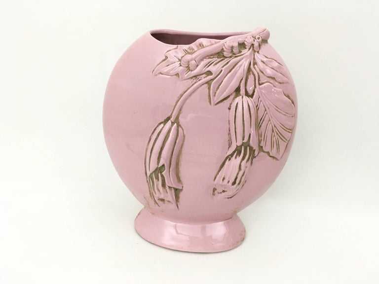 Pair of Light Pink Art Deco Polished Ceramic Flower Vases, Italy, 1940s