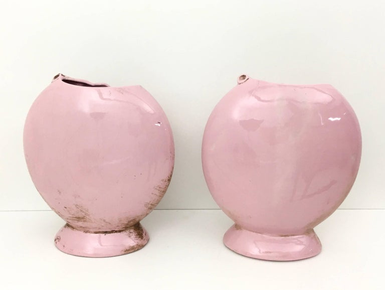 Pair of Light Pink Art Deco Polished Ceramic Flower Vases, Italy, 1940s
