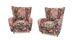 Floral Fabric Pair of Armchairs by Paolo Buffa with Wooden Legs, Italy, 1950s