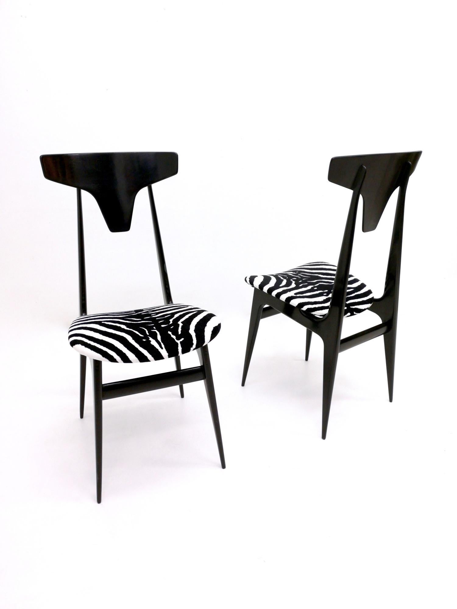 Mid-Century Modern Pair of Vintage Zebra Print Velvet Side Chairs with Ebonized Wood Frame, Italy