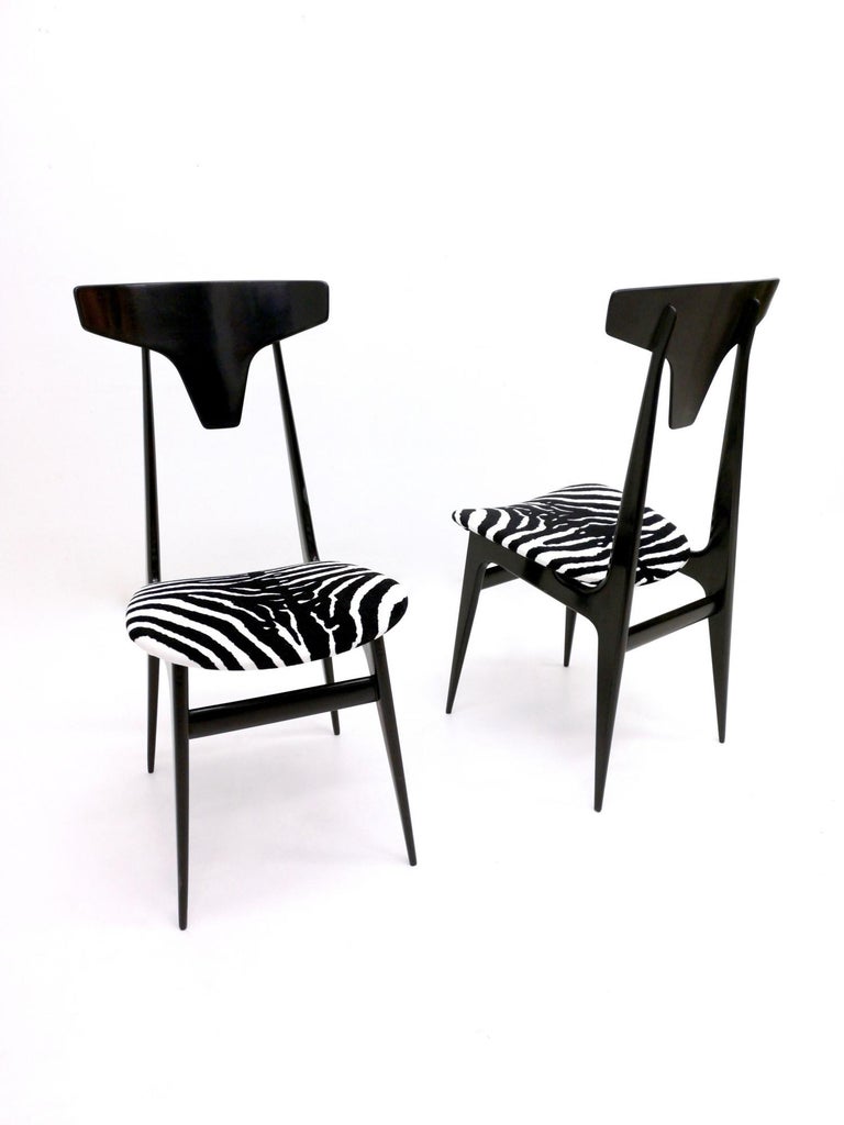 Mid-Century Modern Pair of Vintage Zebra Print Velvet Side Chairs with Ebonized Wood Frame, Italy For Sale