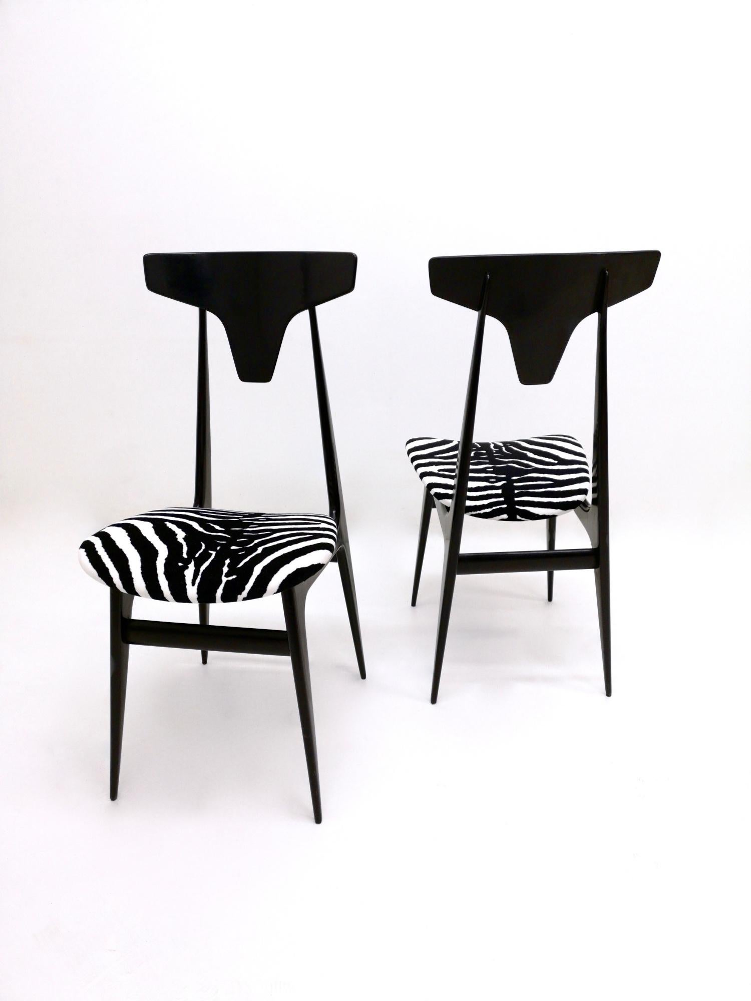Italian Pair of Vintage Zebra Print Velvet Side Chairs with Ebonized Wood Frame, Italy