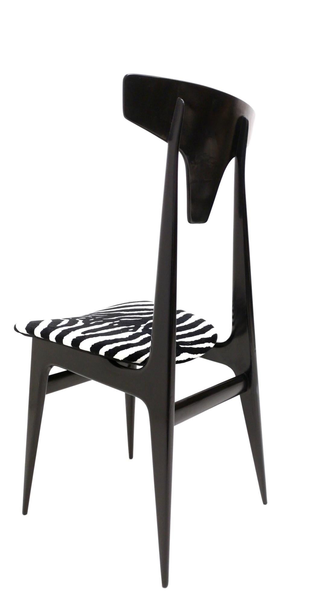 Mid-20th Century Pair of Vintage Zebra Print Velvet Side Chairs with Ebonized Wood Frame, Italy