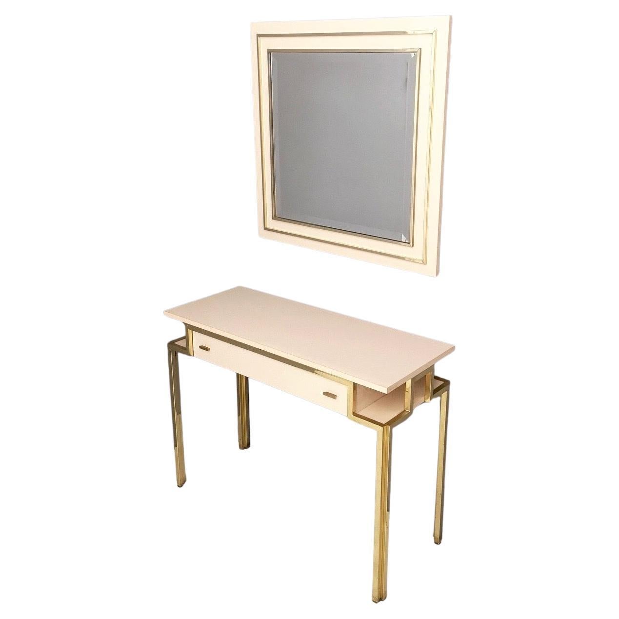 Postmodern Pale Pink Formica and Brass Console Table with Wall Mirror, Italy For Sale