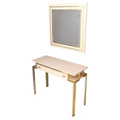 Retro Postmodern Pale Pink Formica and Brass Console Table with Wall Mirror, Italy