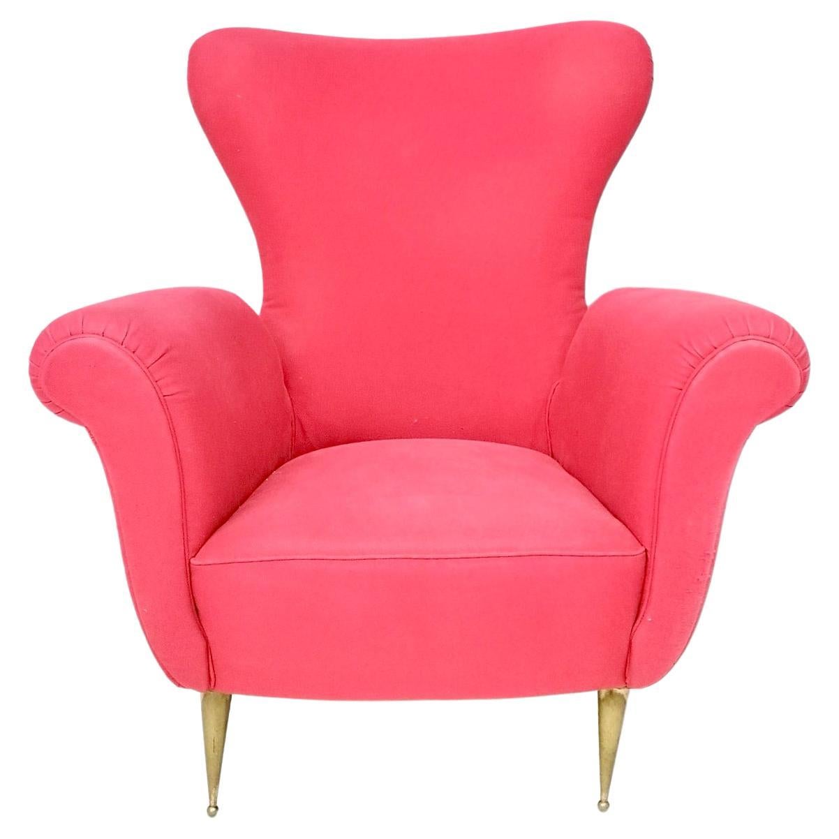 Wingback Red Cotton Armchair with Brass Feet, Italy