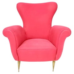 Vintage Wingback Red Cotton Armchair with Brass Feet, Italy