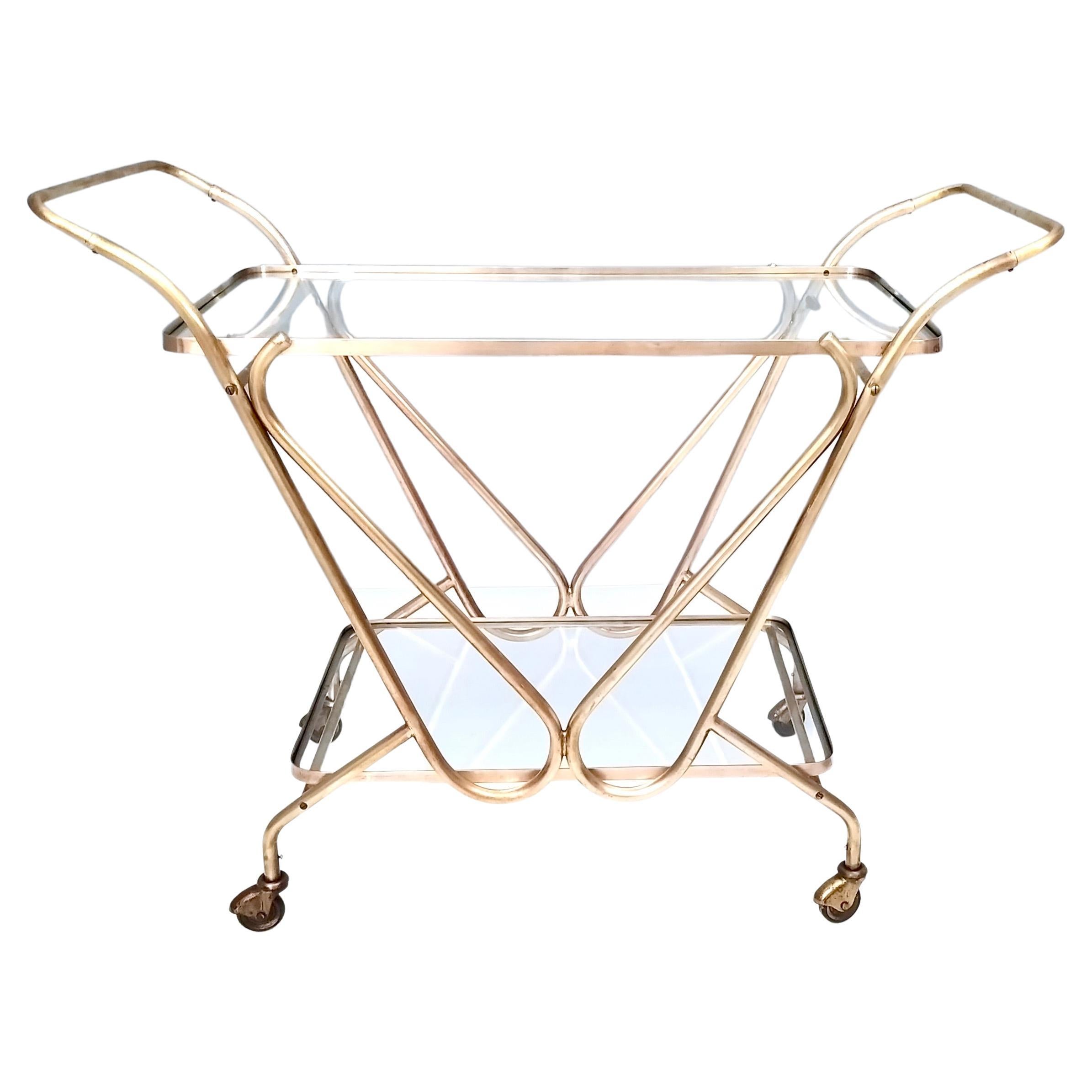Midcentury Brass Serving Cart with Glass Shelves, Italy