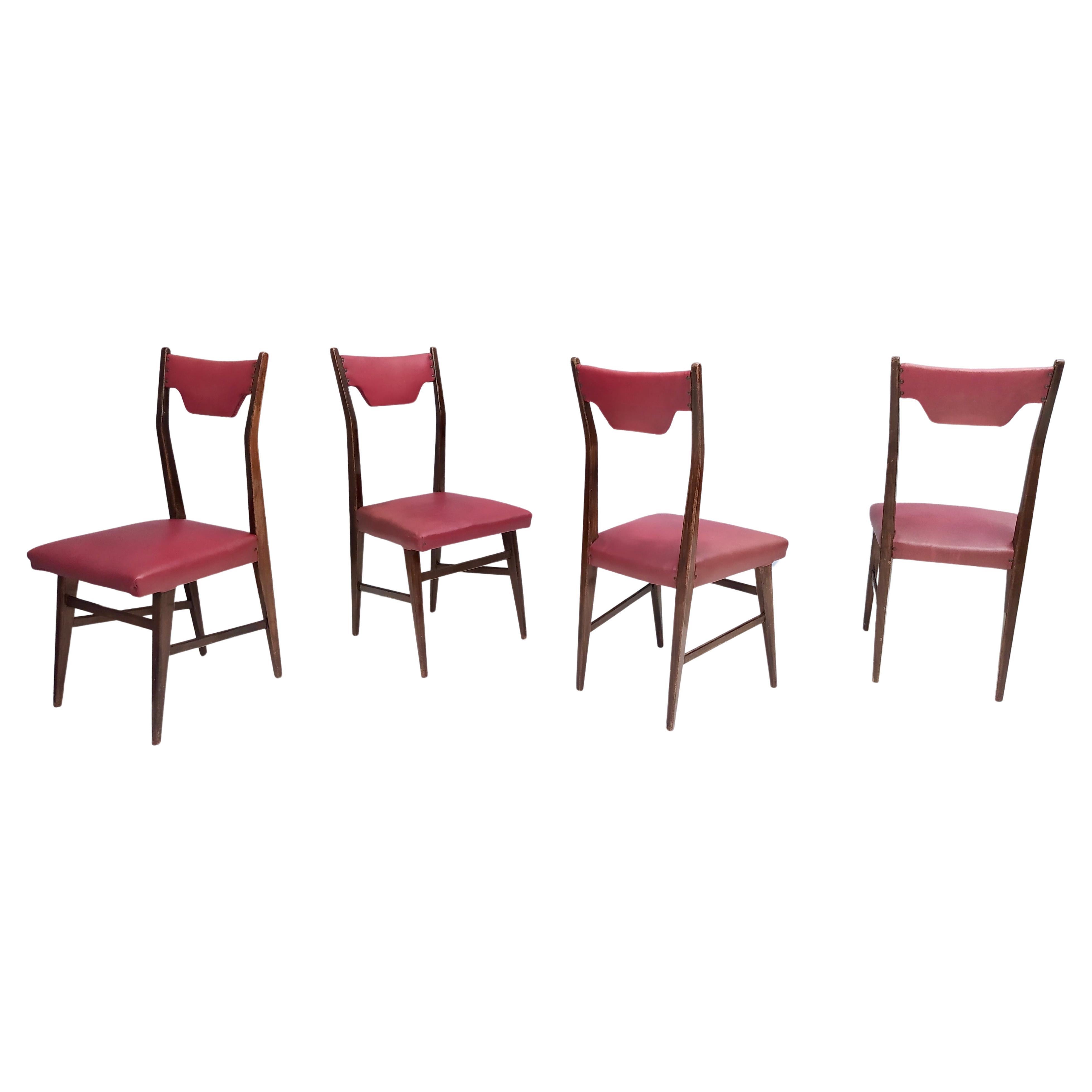 Set of Four Vintage Ebonized Beech and Crimson Skai Dining Chairs, Italy