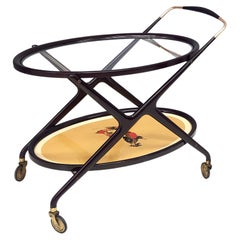 Vintage Ebonized Beech Serving Cart by Cesare Lacca with Oriental Print, Italy