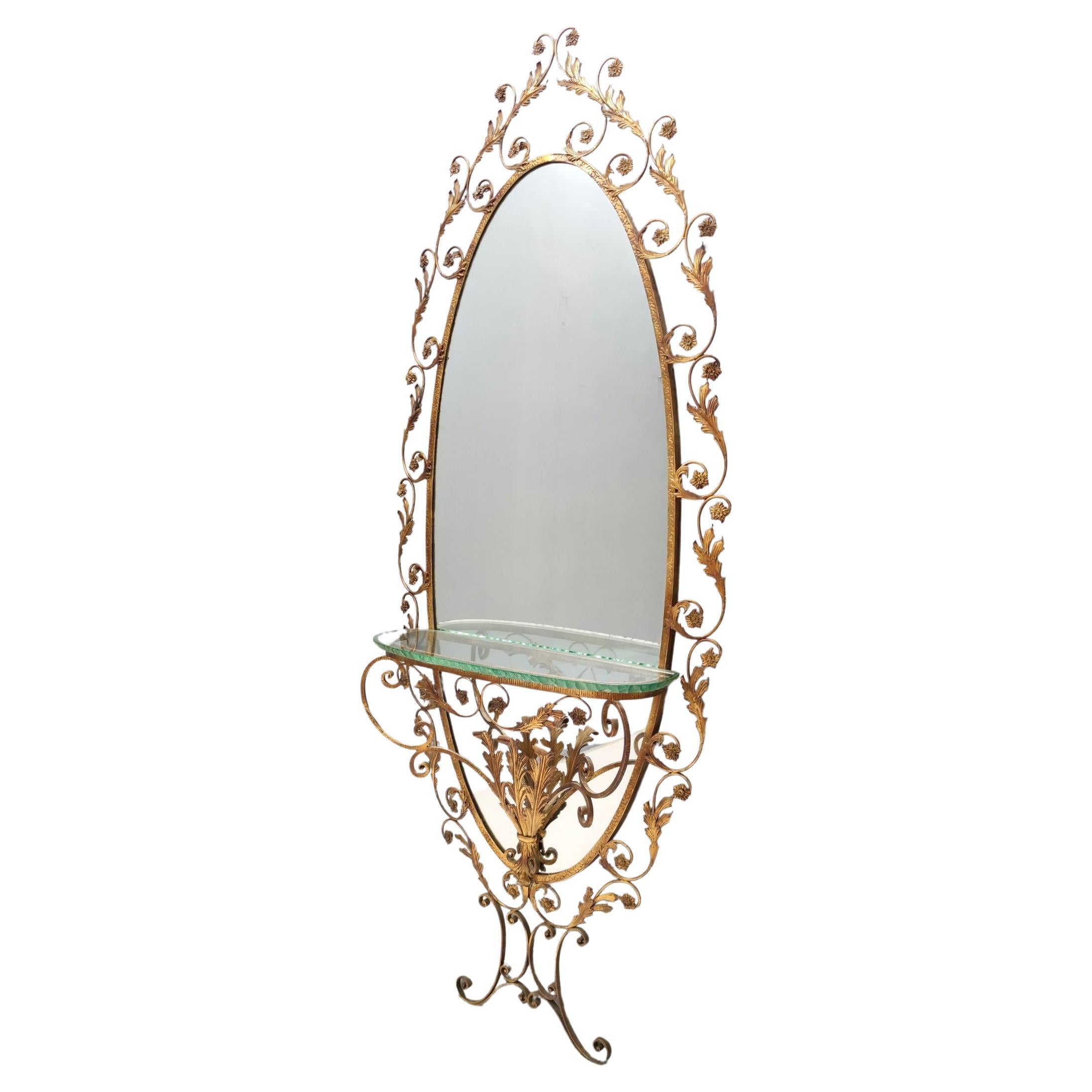 Entryway Mirror and Brass and Glass Console by Pierluigi Colli with Floral Frame