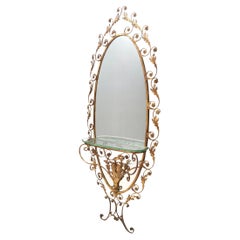 Entryway Mirror and Brass and Glass Console by Pierluigi Colli with Floral Frame