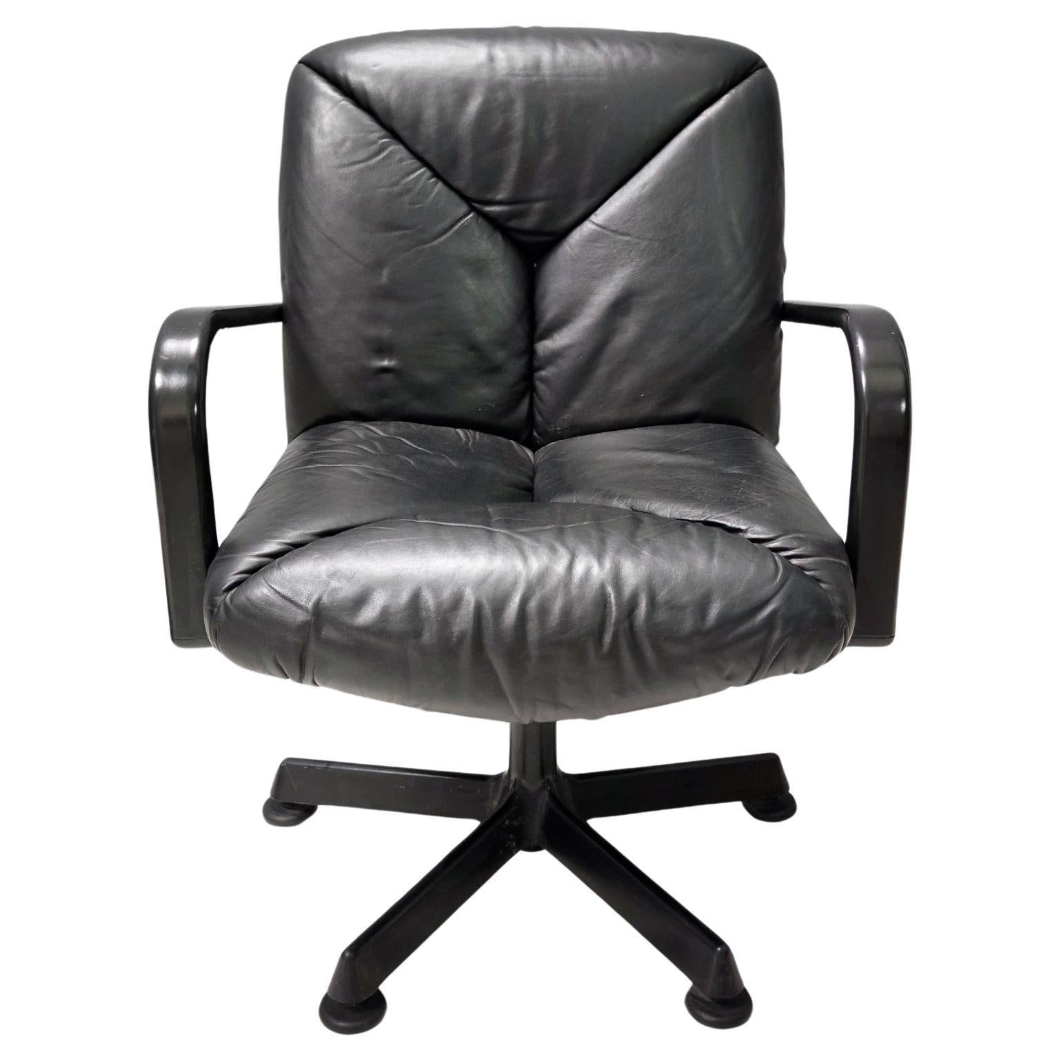 Postmodern Black Leather Office Chair by Vico Magistretti for ICF Design, 1978