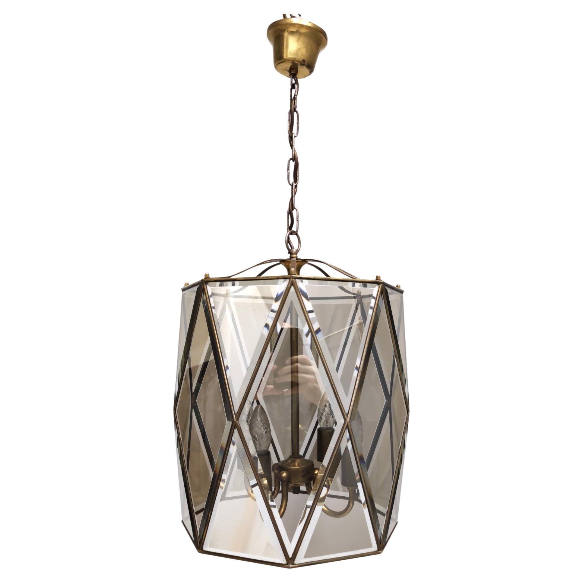 Elegant Handmande Octagonal Glass and Brass Pendant Lantern, Italy For Sale