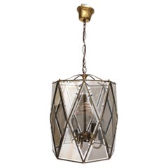 Vintage Elegant Handmande Octagonal Glass and Brass Pendant Lantern, Italy