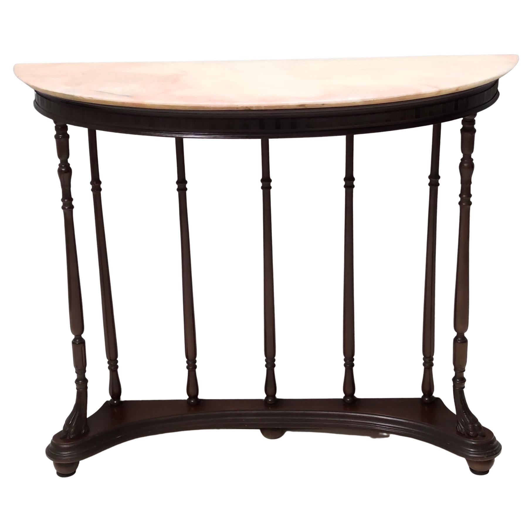 Mesa Consola de Haya Torneada de Estilo Neoclásico con Tapa de Mármol Demilune, Italia