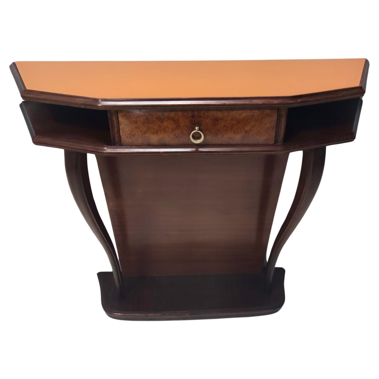 Vintage Beech and Walnut Root Console Table with an Orange Glass Top, Italy For Sale