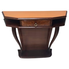 Retro Beech and Walnut Root Console Table with an Orange Glass Top, Italy