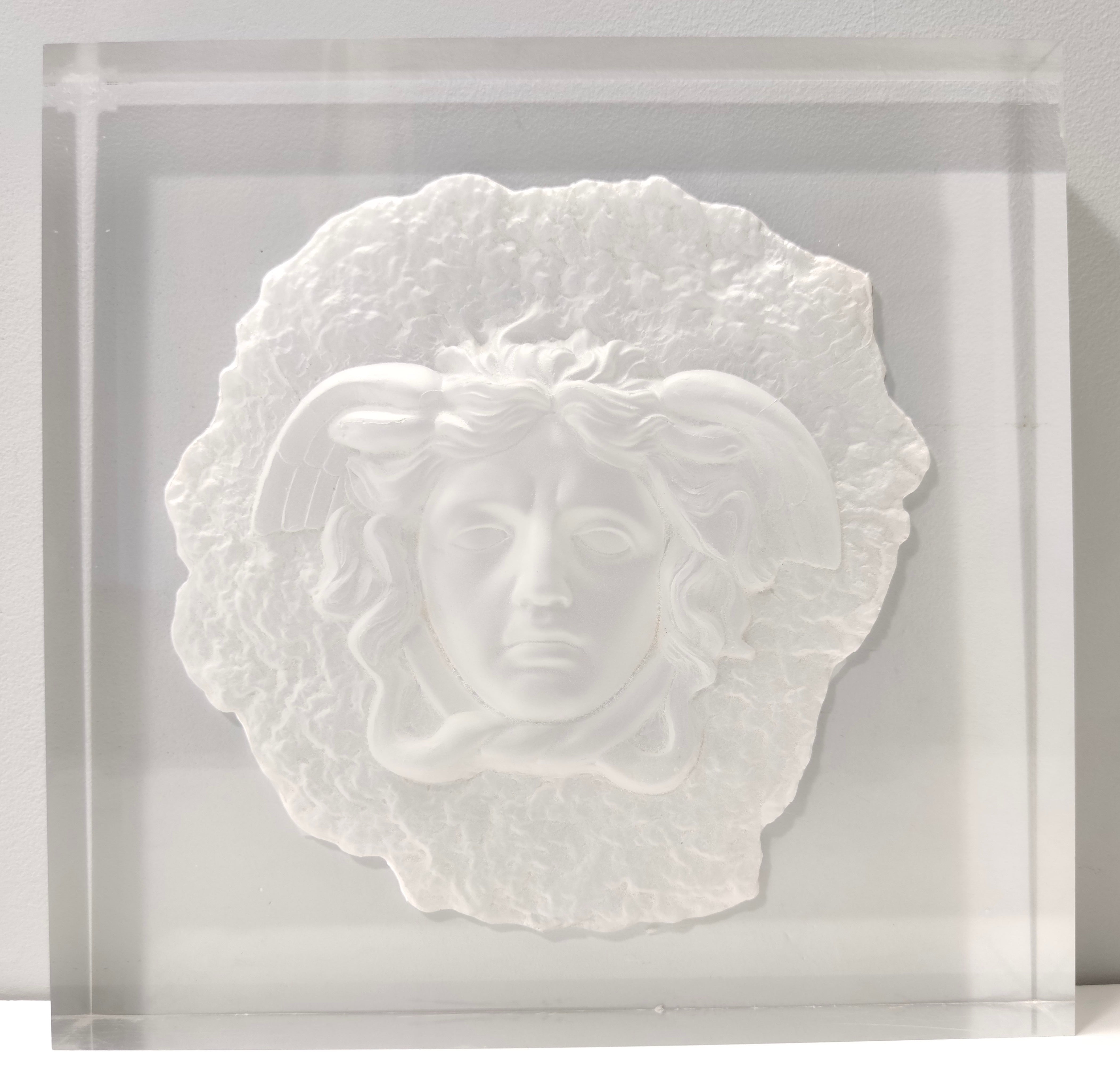 Made in Italy, 1990s.
This is a quite thick plexiglass panel with the gorgon by Versace.
Her face is carved into the plexiglass and this kind of work creates suggestive effects of movement.
It is a vintage piece, therefore it might show slight