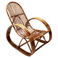 Postmodern Bamboo Rocking Chair with Red, Black and White Fabric Upholstery