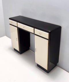 Rationalist Black and Ivory Entryway Console Table with Black Glass Top, Italy