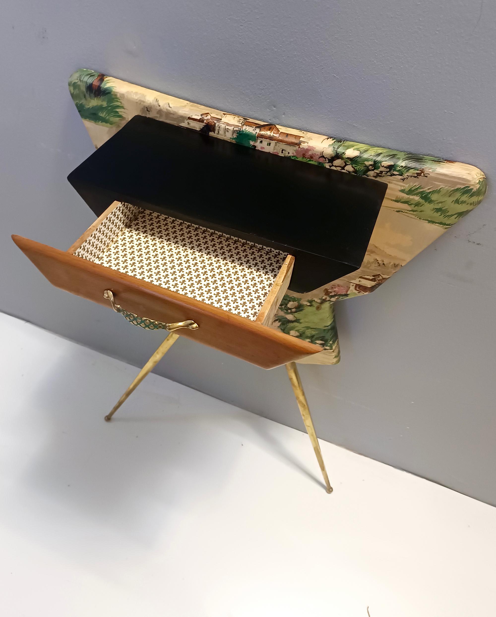 Brass Unusual Ebonized Beech and Patterned Fabric Console Table with a Drawer, Italy For Sale