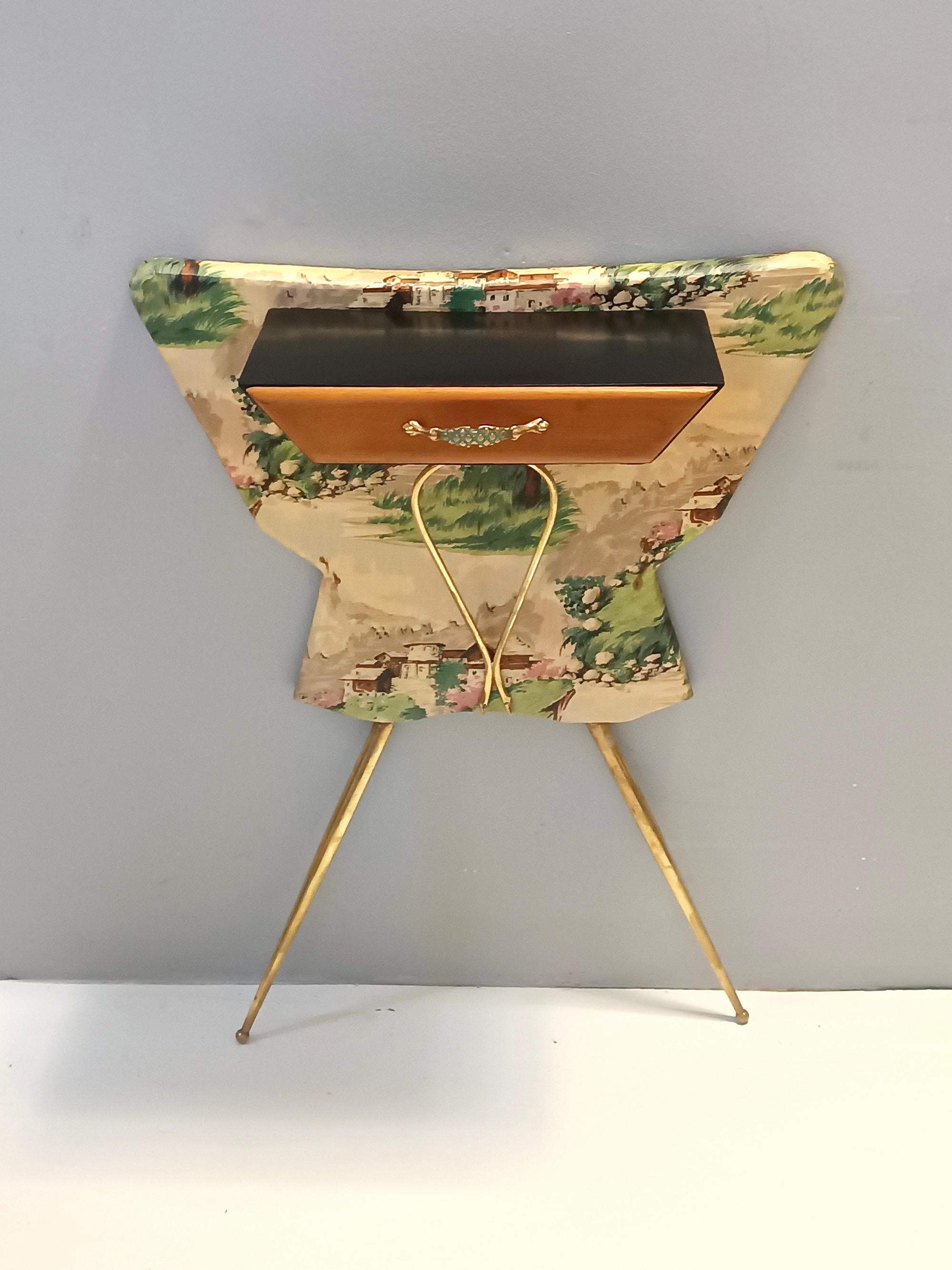 Mid-Century Modern Unusual Ebonized Beech and Patterned Fabric Console Table with a Drawer, Italy For Sale