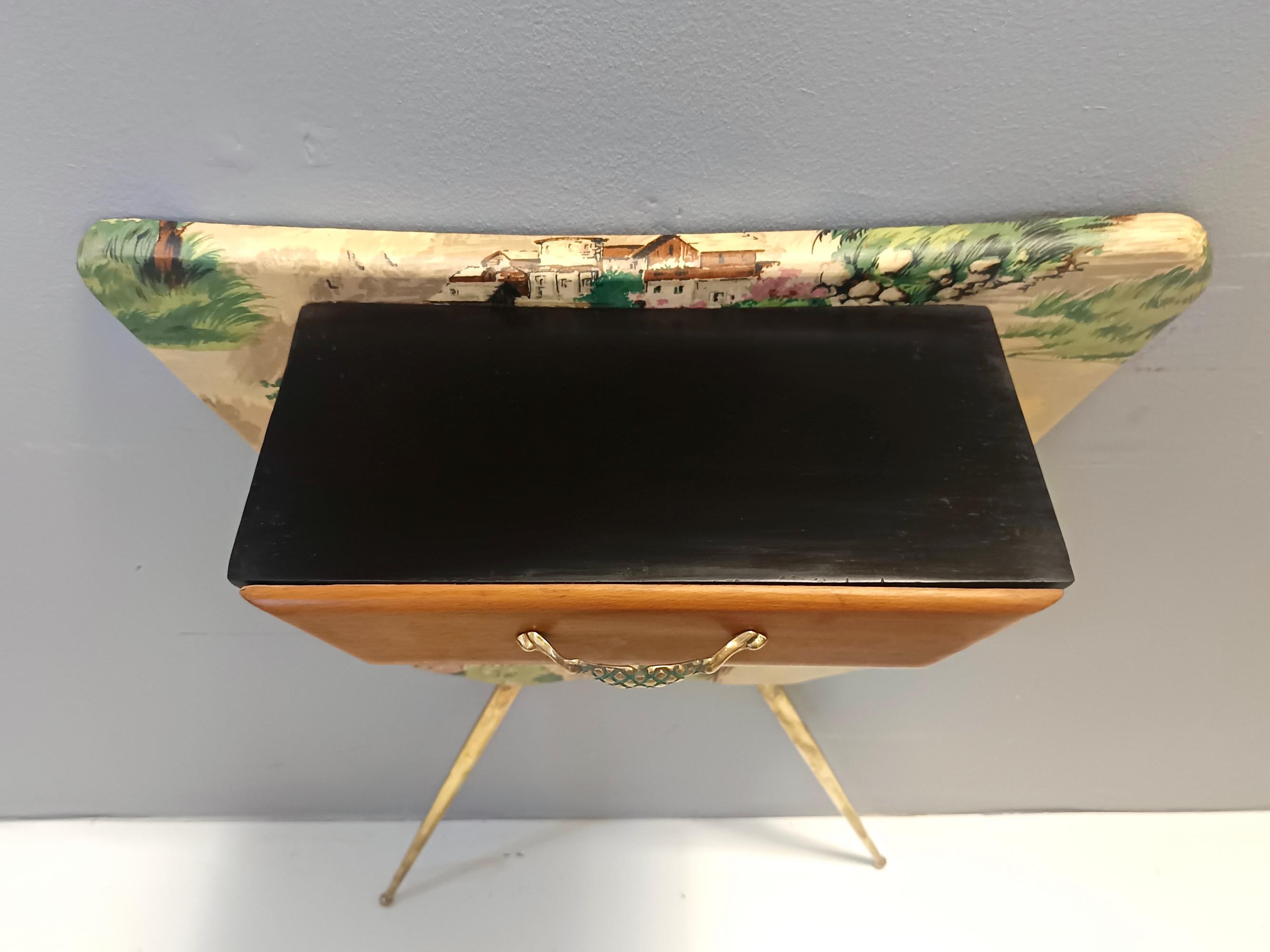 Unusual Ebonized Beech and Patterned Fabric Console Table with a Drawer, Italy For Sale 1