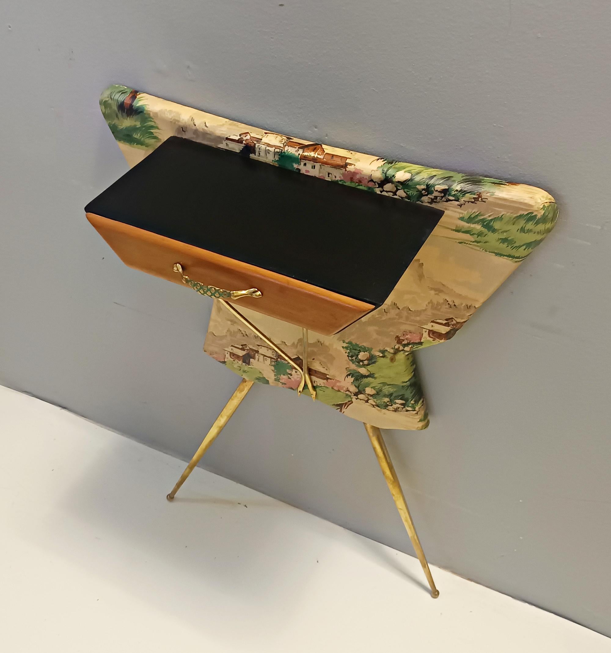 Mid-20th Century Unusual Ebonized Beech and Patterned Fabric Console Table with a Drawer, Italy For Sale