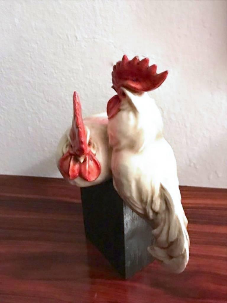 Italian Ceramic Roosters Statue by Guido Cacciapuoti, 1940s