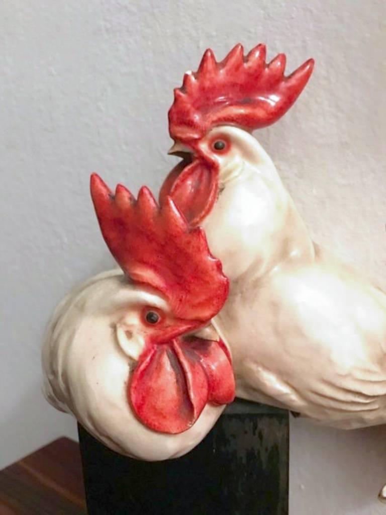 Ceramic Roosters Statue by Guido Cacciapuoti, 1940s In Good Condition In Bresso, Lombardy