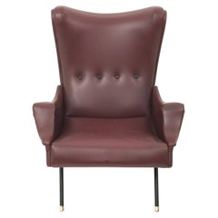 Retro Burgundy Skai, Brass and Metal Lounge Chair, Italy