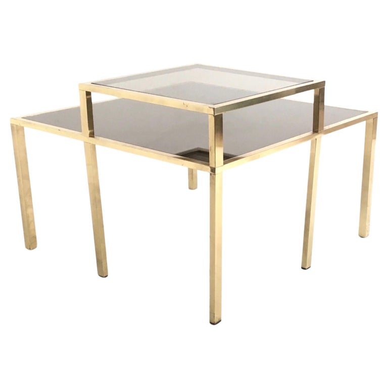 Postmodern Square Brass Coffee Table with Glass Shelf and Mirrored Top
