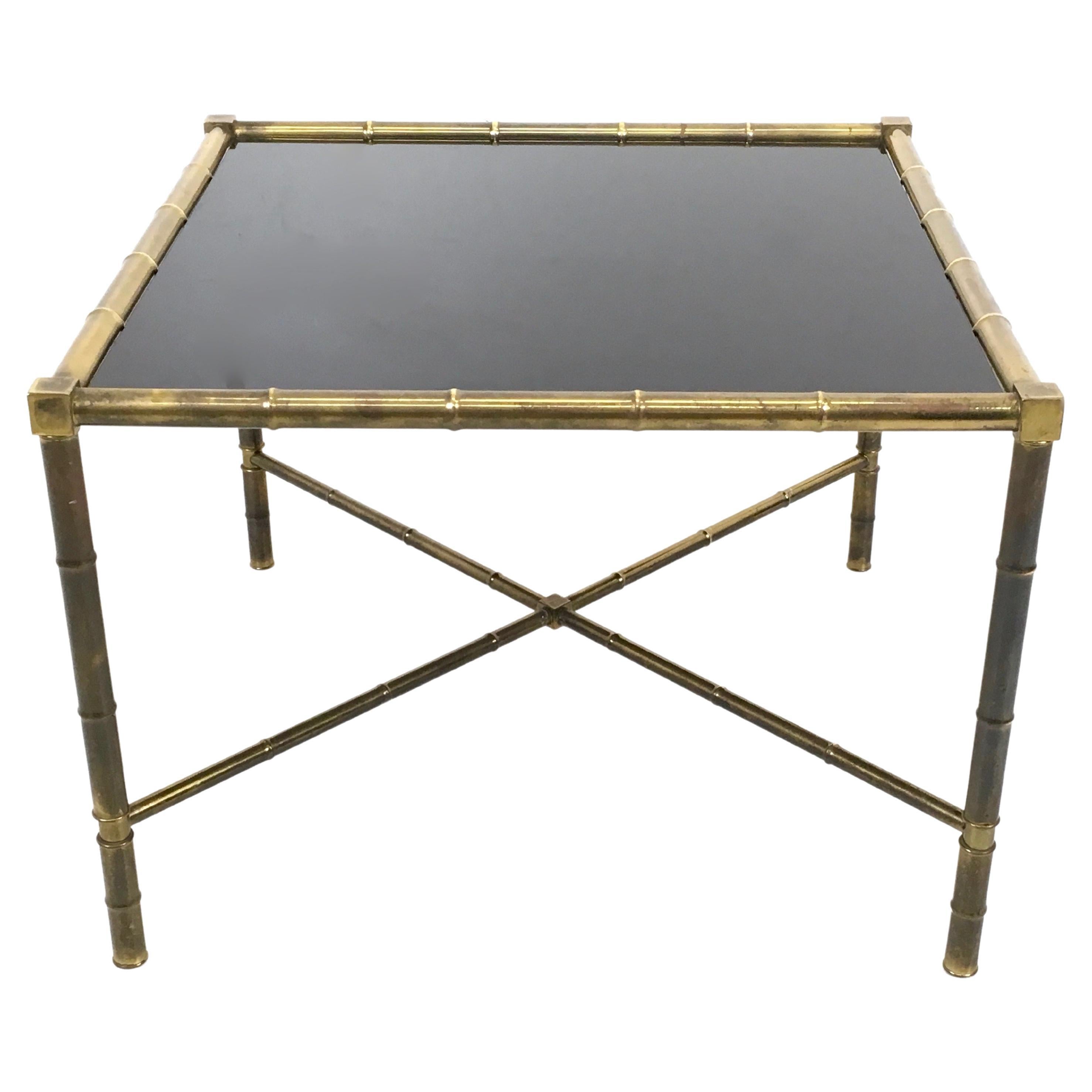 Vintage Square Brass and Black Opaline Glass Coffee Table Ascribable to Adnet