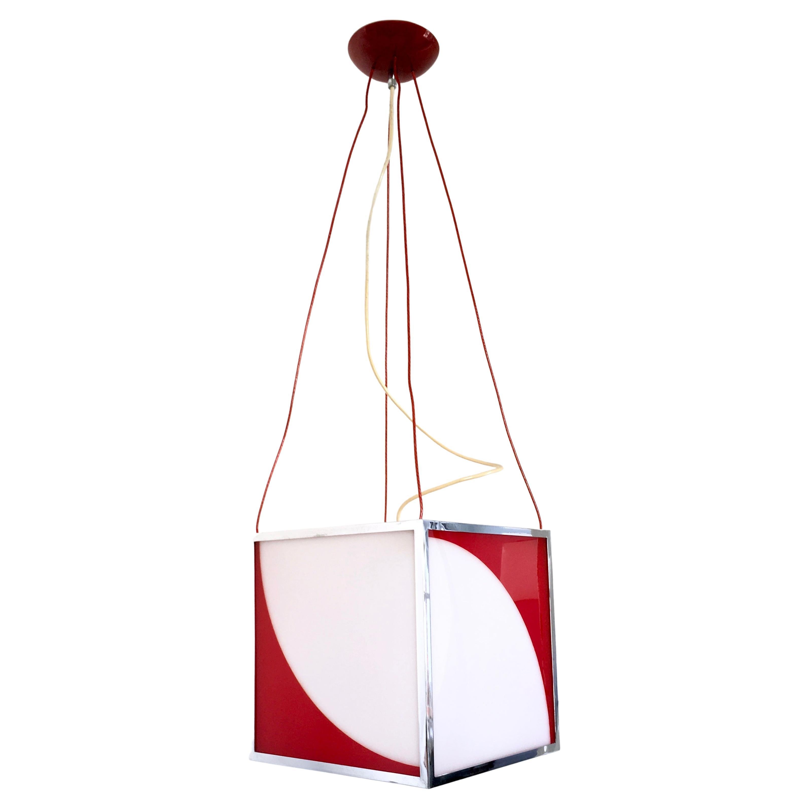 Postmodern Cubic Red and White Plexiglass and Metal Pendant, Italy For Sale