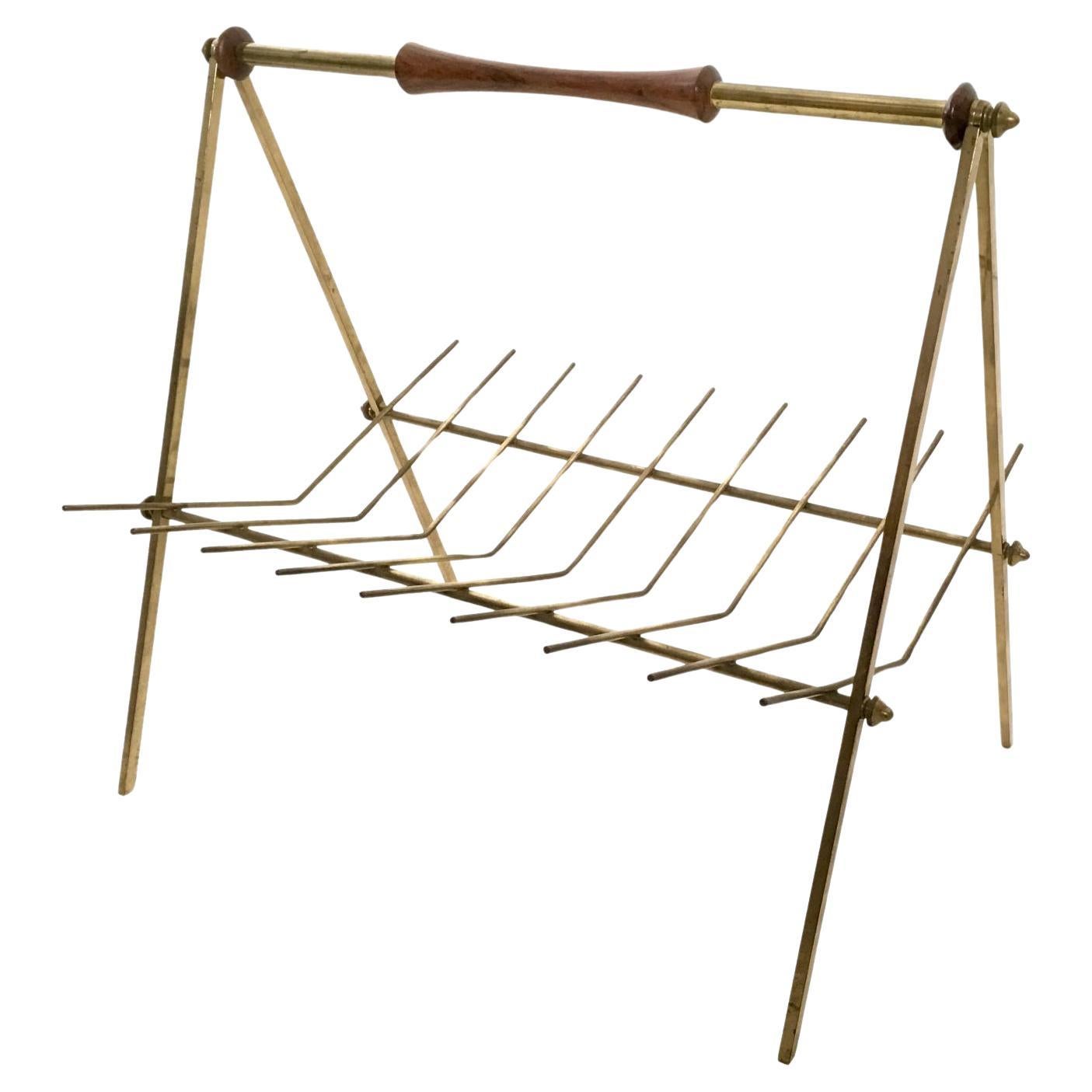 Minimal Vintage Brass and Solid Wood Magazine Rack, Italy For Sale