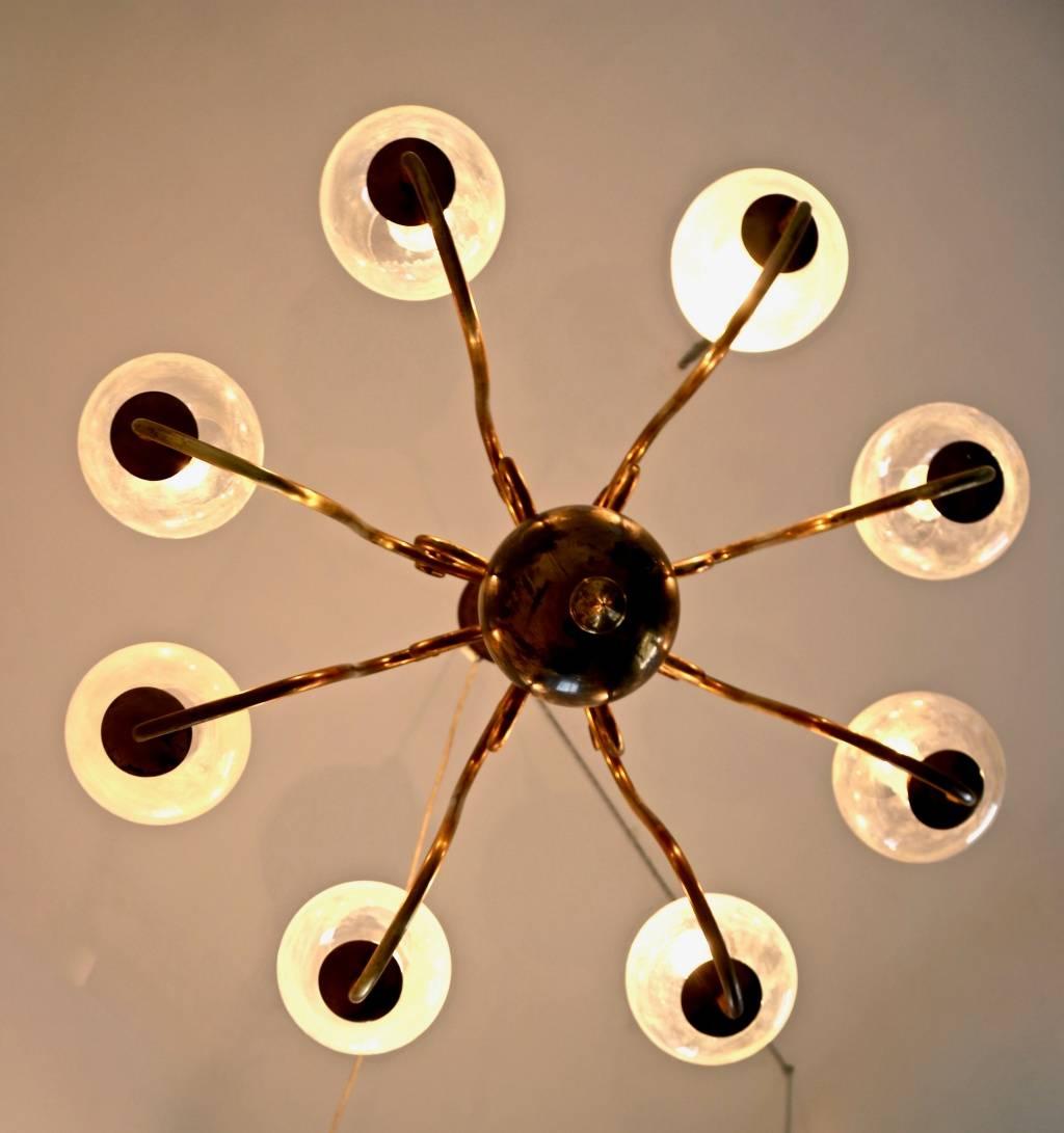 Italian Vintage Eight-Light Brass Chandelier with Murano Glass Lampshades, Italy