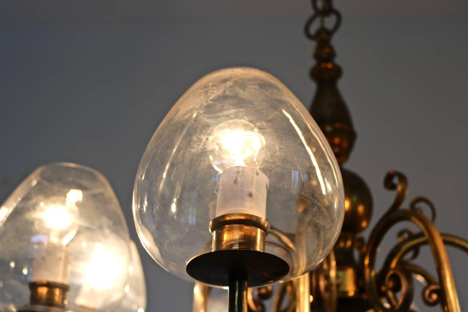 Vintage Eight-Light Brass Chandelier with Murano Glass Lampshades, Italy 1