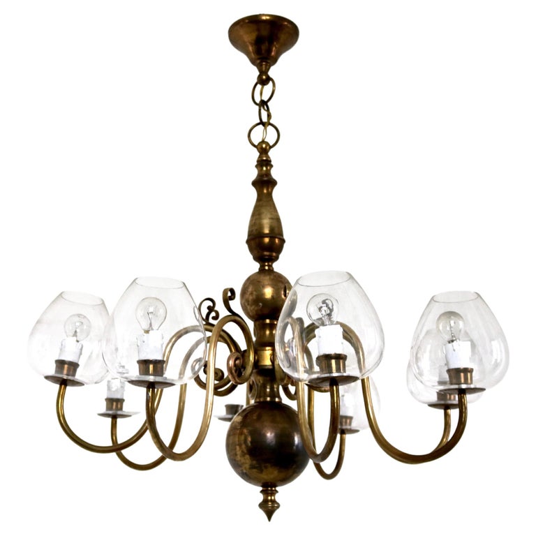 Vintage Eight-Light Brass Chandelier with Murano Glass Lampshades, Italy For Sale