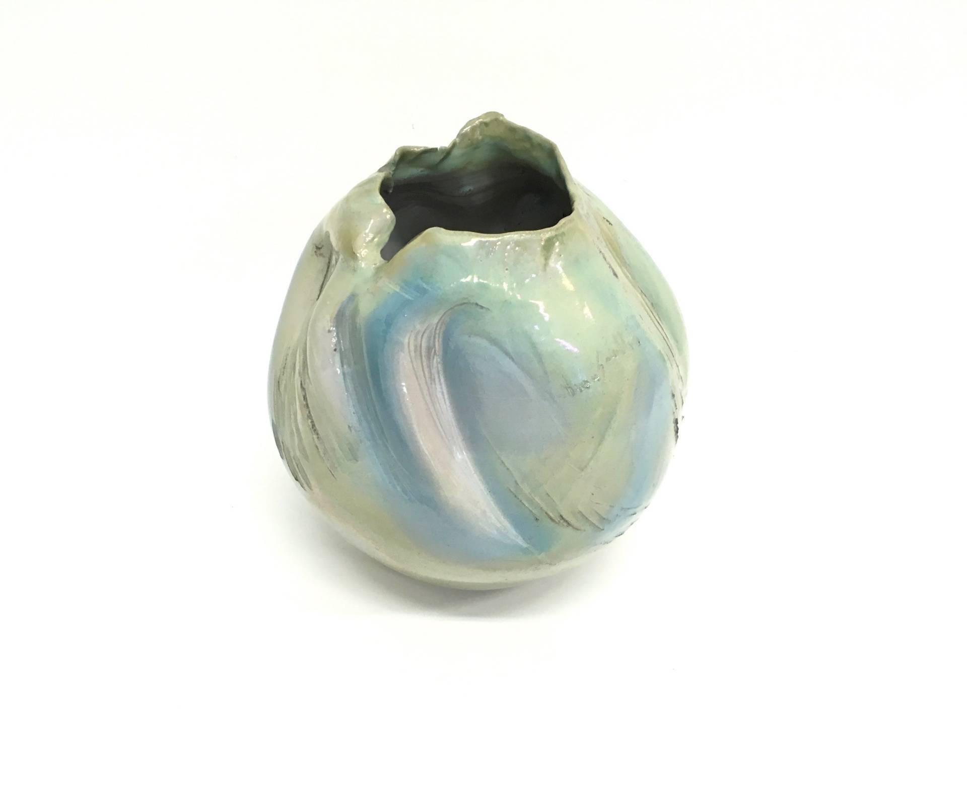 Post-Modern Postmodern Sculptural Hand-Made Iridescent Blue Glazed Earthenware Vase, Italy For Sale