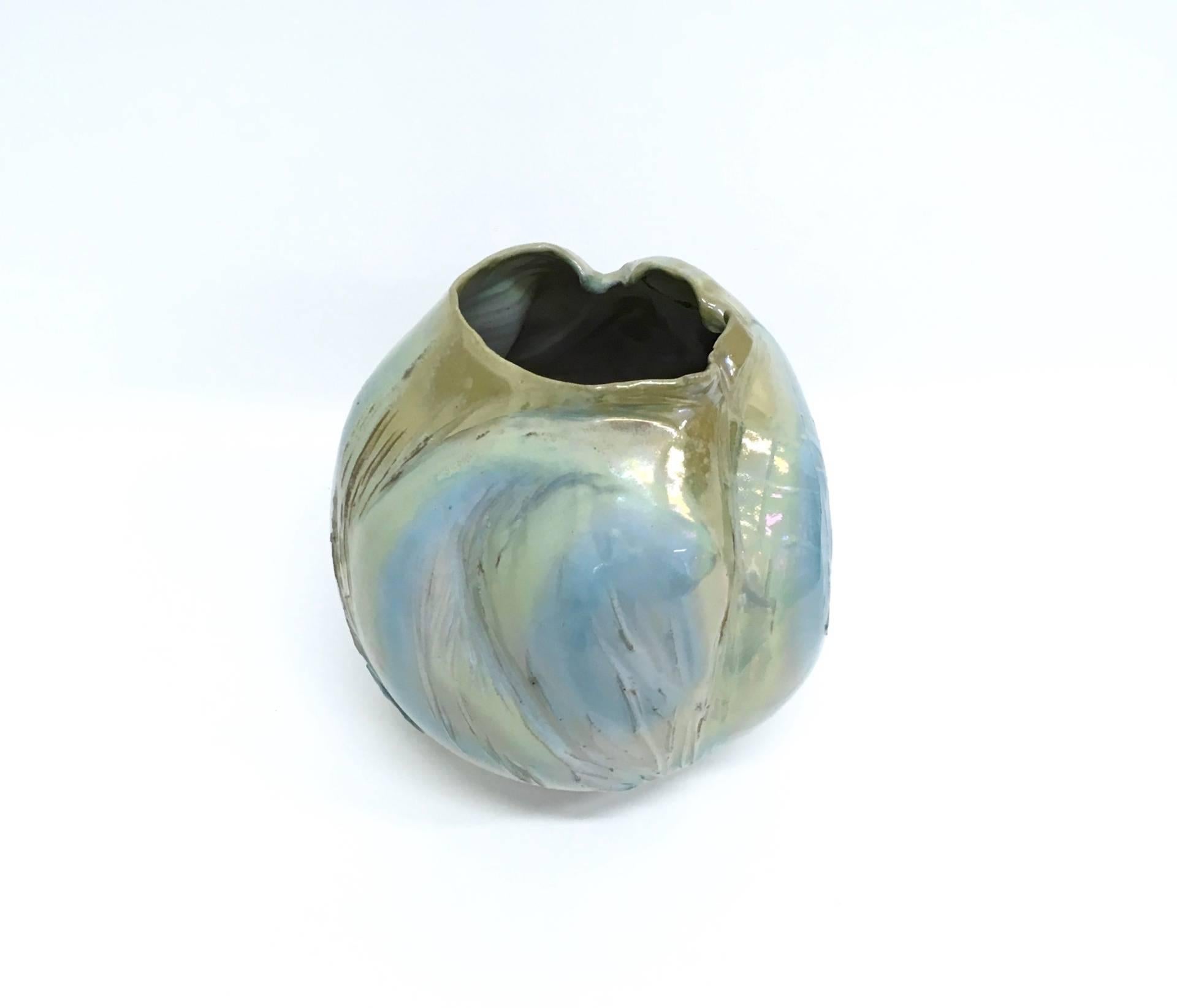 Italian Postmodern Sculptural Hand-Made Iridescent Blue Glazed Earthenware Vase, Italy For Sale