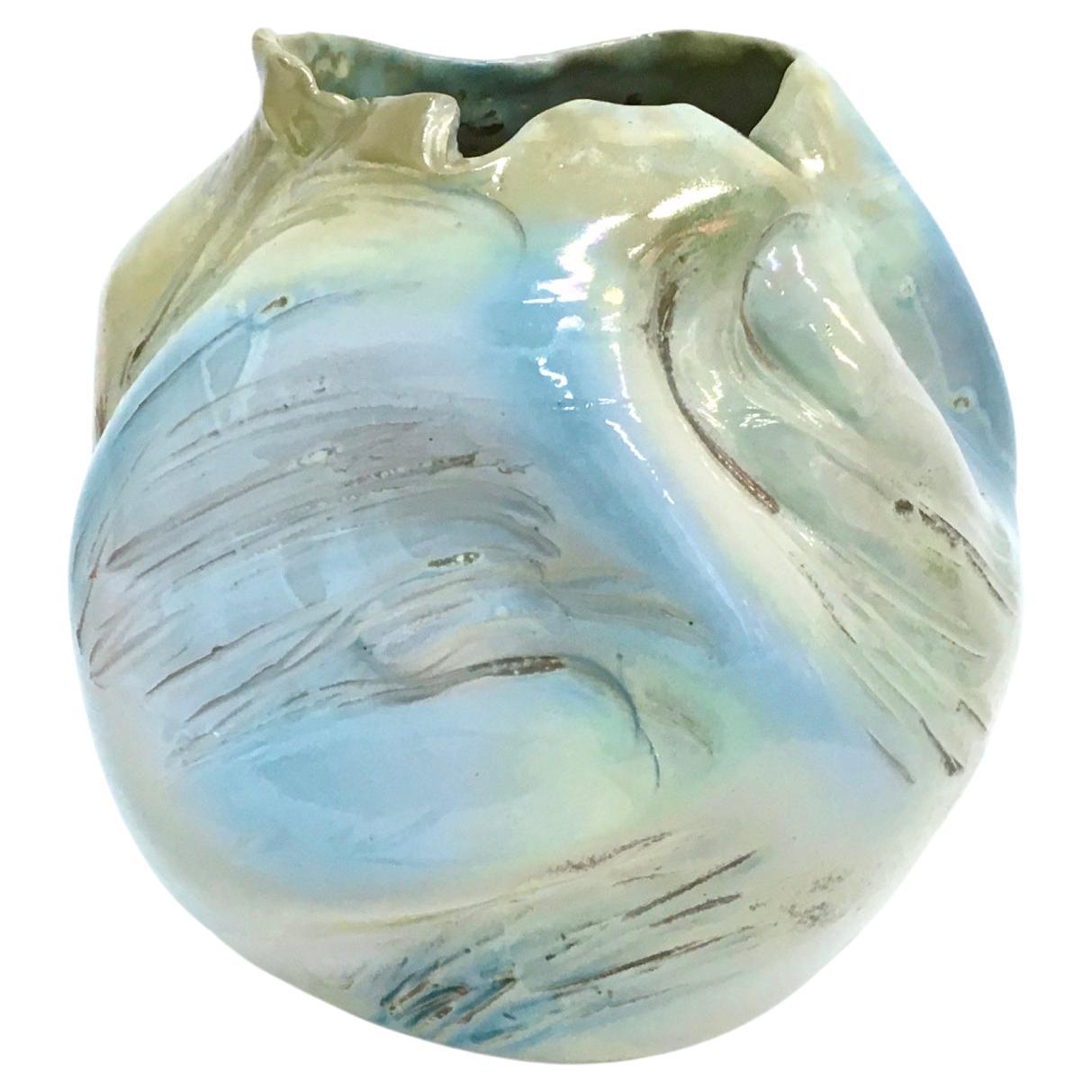 Postmodern Sculptural Hand-Made Iridescent Blue Glazed Earthenware Vase, Italy