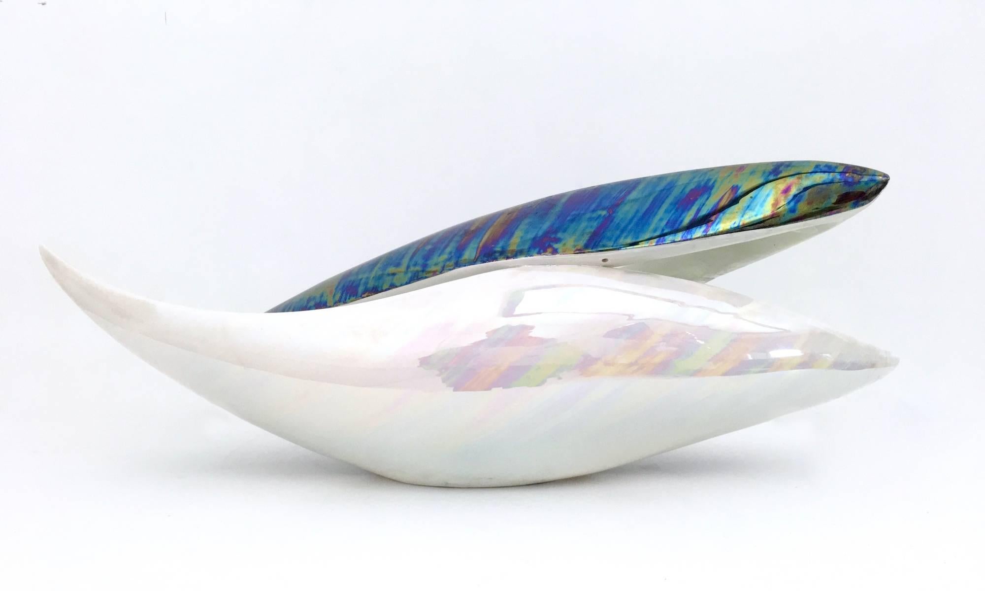 Italian Vintage White and Iridescent Ceramic Bowl or Centerpiece n 6768 by Lusso, Italy