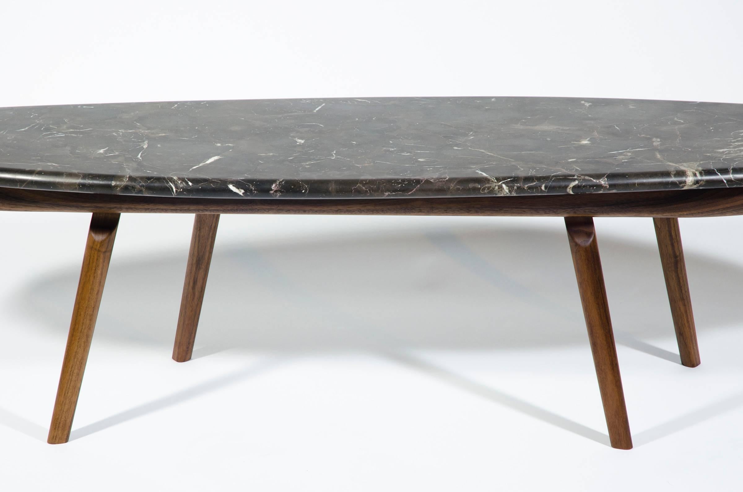 American Contemporary Black Marble Stone and Walnut Wood Coffee Cocktail Table CBR Studio For Sale