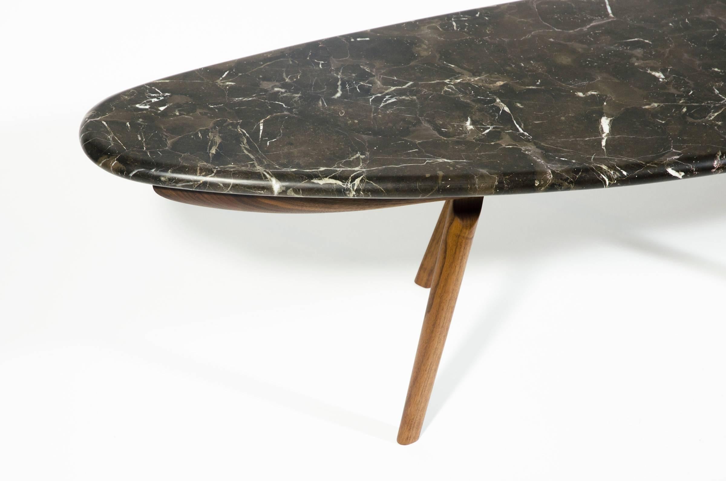 Hand-Crafted Contemporary Black Marble Stone and Walnut Wood Coffee Cocktail Table CBR Studio For Sale